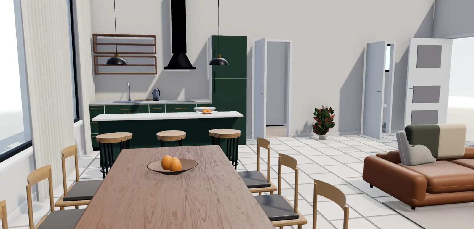SpacePlanner 3D view of an open plan kitchen, dining and living room
